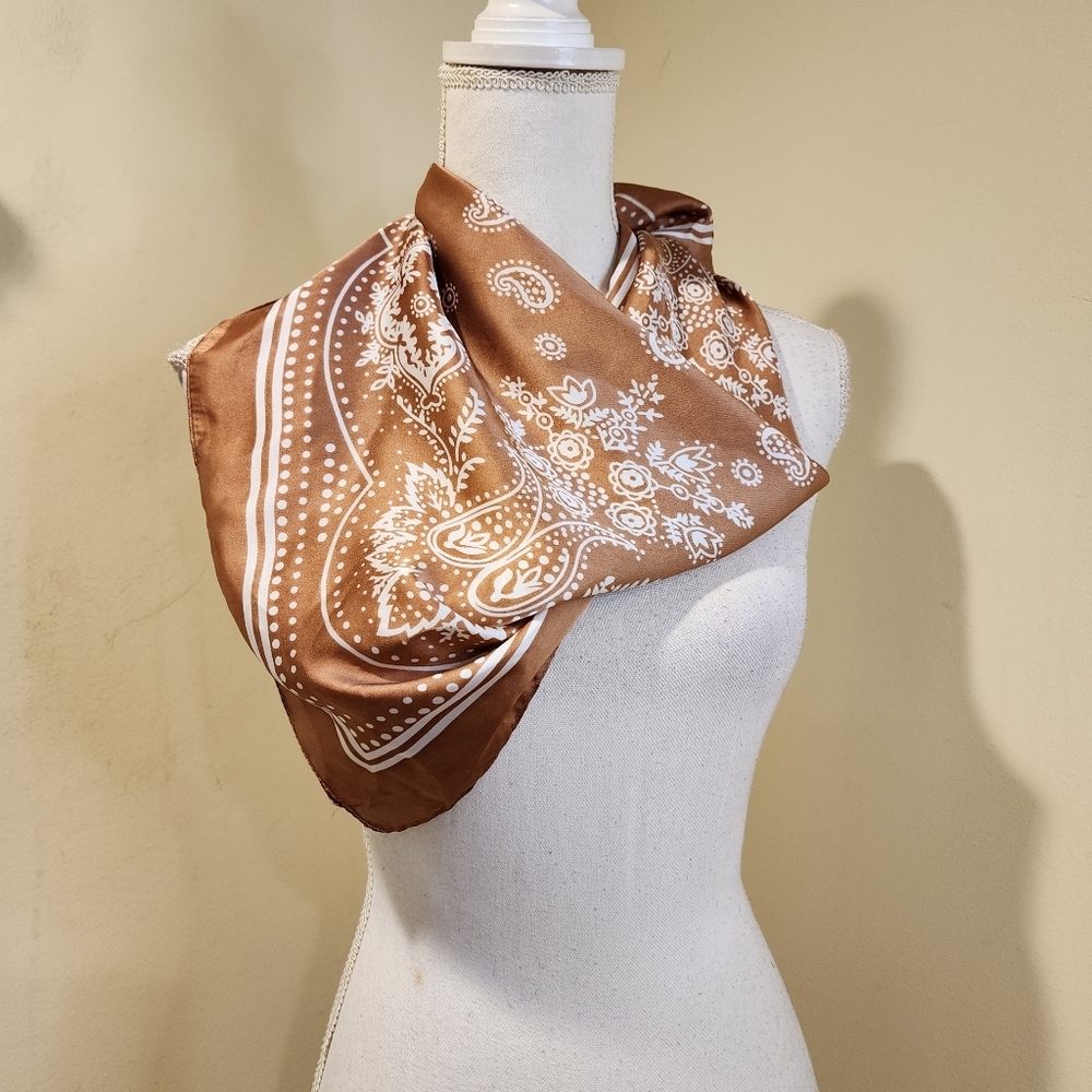 Brown and White Paisley Scarf Satin Lightweight Square